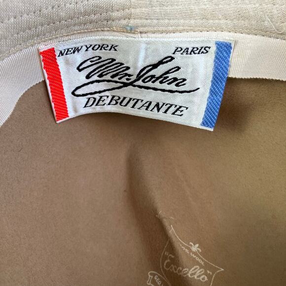 Mr John Womens Vintage Wool Fedora Hat Homburg Hat Feathers Small Brim Tan Cream - Picture 10 of 15